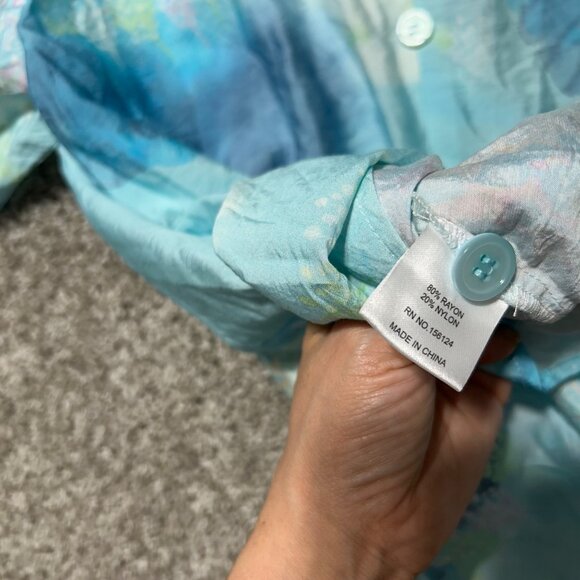 Shana Size Medium Fairy Tale Trees Button Up Aqua Blue Long Sleeve Coastal Shirt - Picture 11 of 14